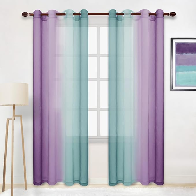 DWCN Ombre Sheer Curtains - Faux Linen Semi Voile Grommet Top Gradient Curtains for Bedroom and Living Room, Set of 2 Window Curtain Panels, 52 x 84 Inch Length(Teal and Purple