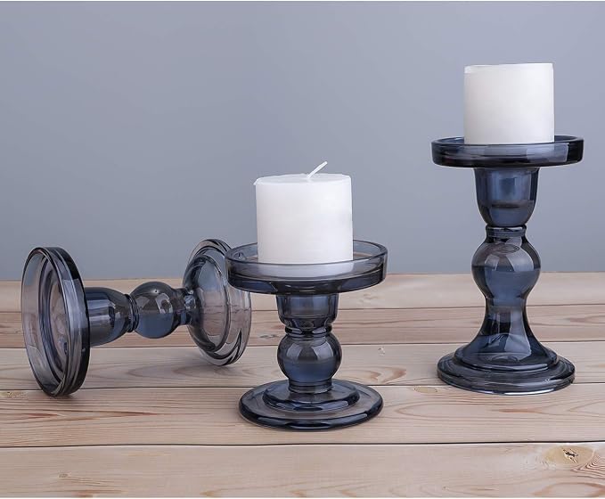 Lewondr Glass Candle Holders, 3 Pieces Crystal Clear Candlesticks with Elegant Design for Pillar Taper Candle and Tea Light, Home Table Living Room Wedding Party Decorations Home Décor - Smoky Blue