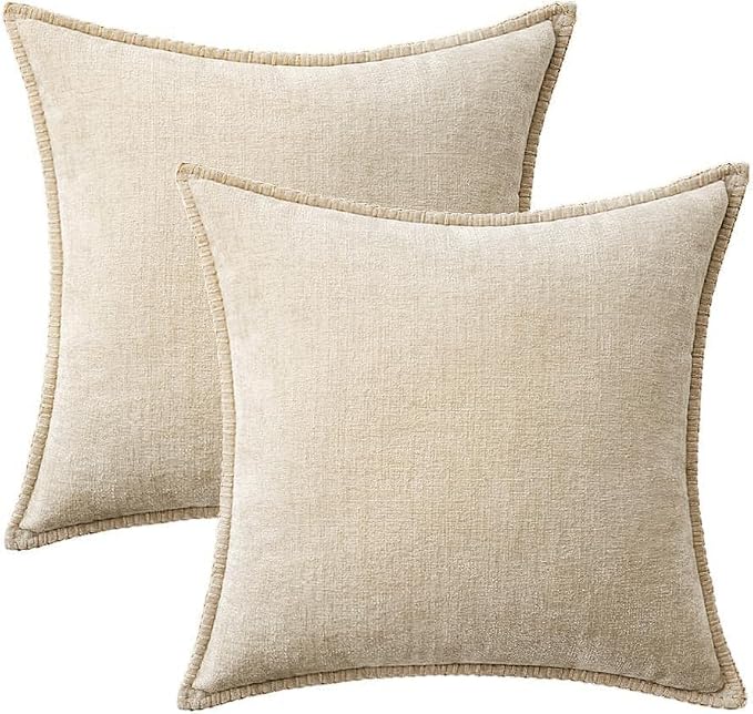 MIULEE Pack of 2 Couch Throw Pillow Covers 22x22 Inch Beige Farmhouse Decorative Pillow Covers with Stitched Edge Soft Chenille Solid Dyed Pillow Covers for Sofa Bed Living Room
