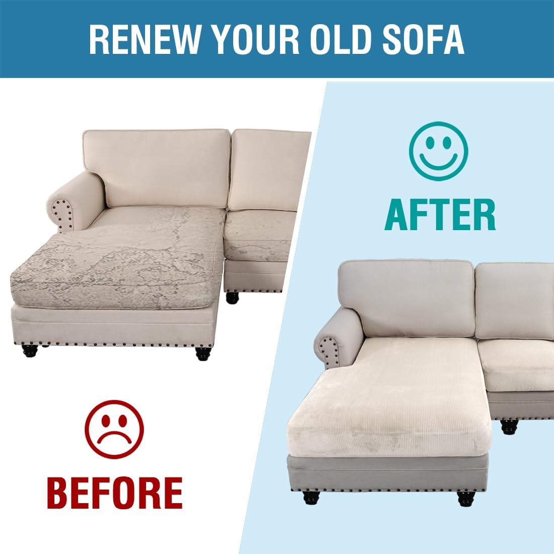 H.VERSAILTEX Velvet Stretch Sectional Couch Covers - 4 Piece Set, L Shape, Ivory Striped (Large Sofa 3 Seater + 1 Chaise)