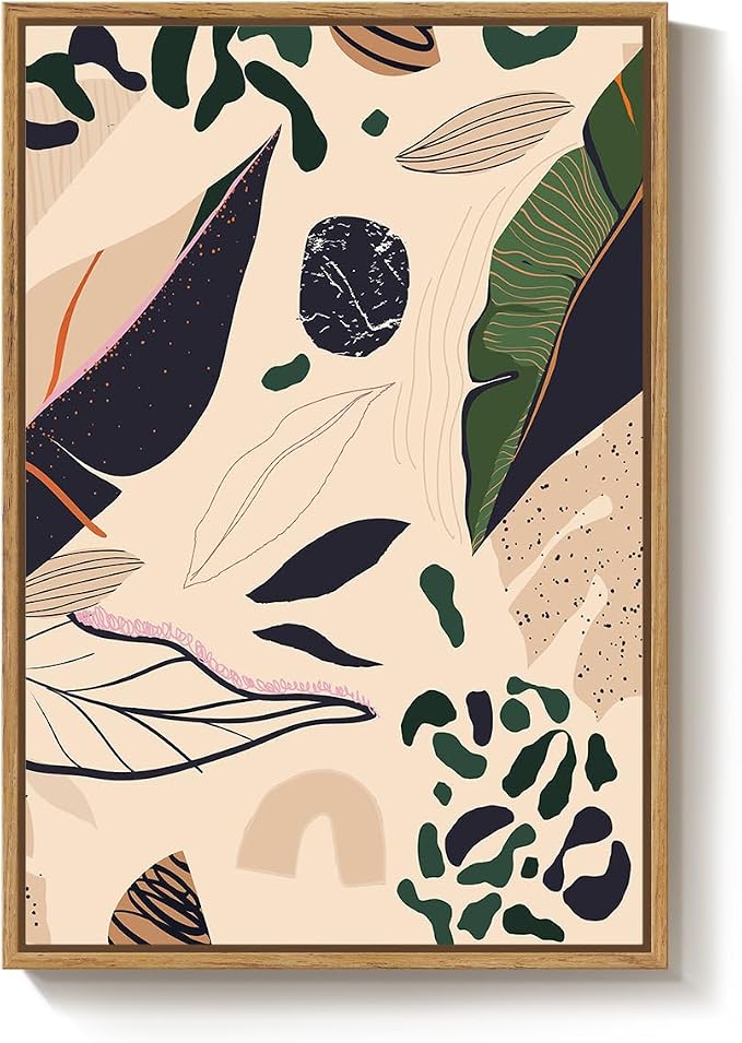 Framed Boho Abstract Botanical Wall Art for Living Room, Neutral Earthy Tropical Leaf Canvas Painting Prints Artwork for Walls, Mid Century Modern Vertical Wall Decor for Bedroom Home Office, 24x36 In