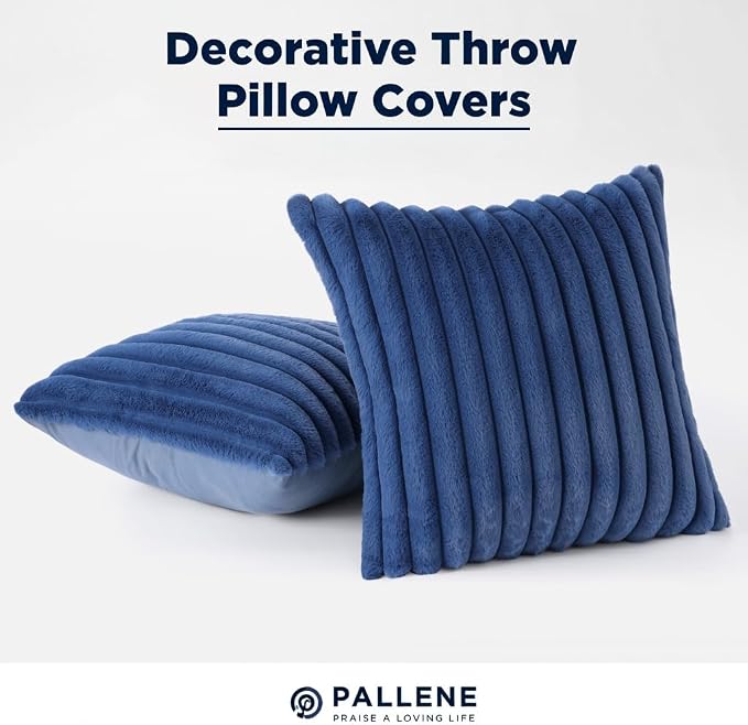 Pallene Faux Fur Plush Throw Pillow Covers 24x24 Set of 2, Luxury Soft Fluffy Striped Decorative Pillow Covers for Sofa, Couch, Living Room, Navy Blue