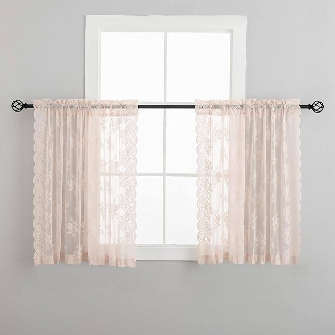 Blush Pink Lace Curtains 36 Inch Length, 2 Panels, W42 x L36 Inch Each, Country Rustic Floral Coquette Lace Cafe Curtains for Kitchen Window, Rod Pocket Privacy Short Sheer Curtain for Small Windows