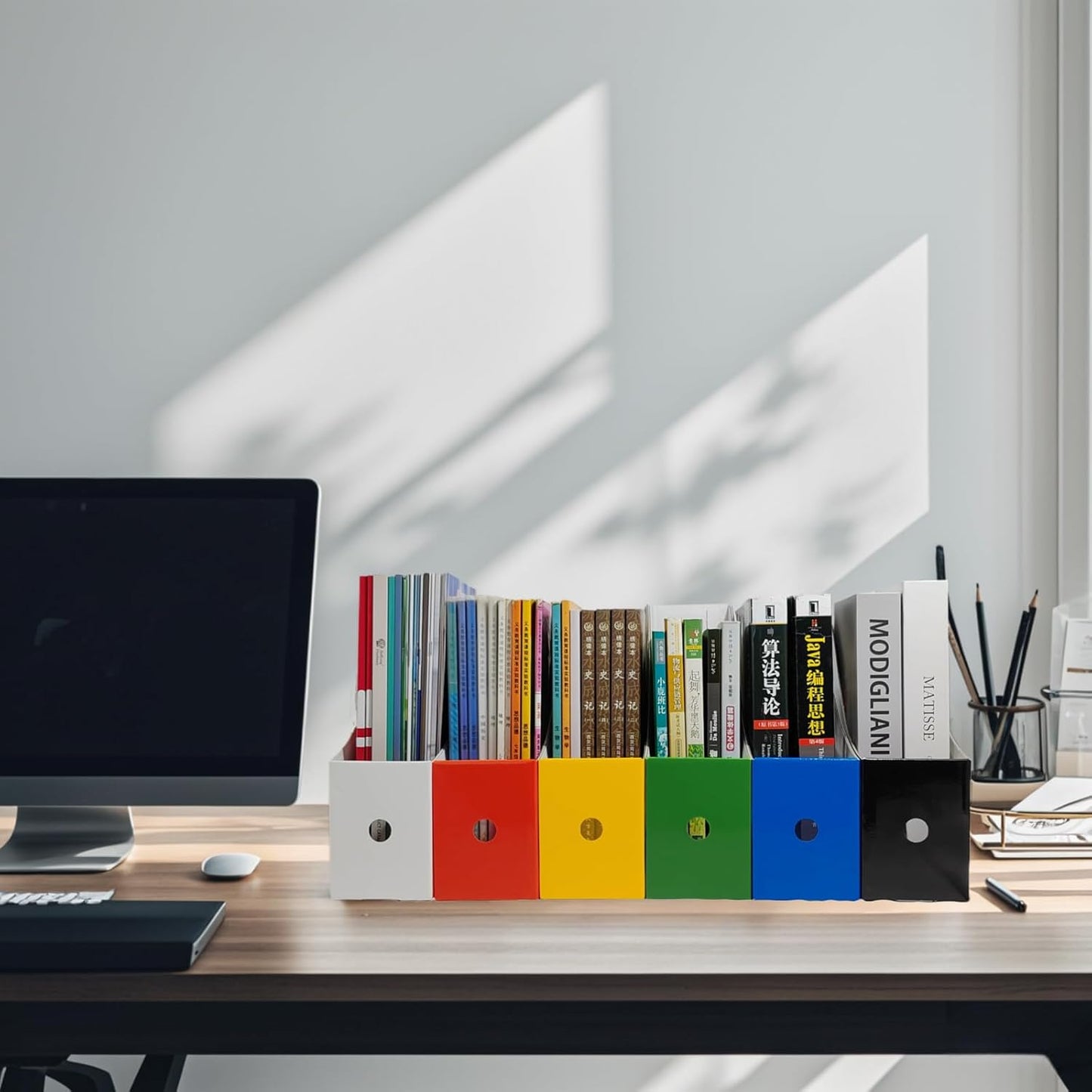 Cardboard Magazine Holder (24 Pack), Sturdy Book Bins for Classroom, Vertical File Folder Organizer, 10.6'' 10.2'' 3.5'' Inch Magazine Rack (Multi-Color, 24 Pack)