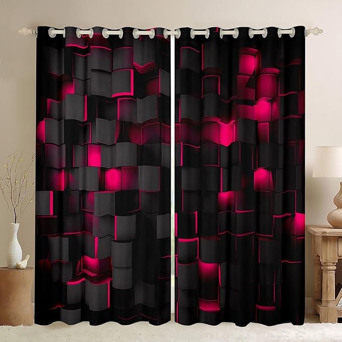 Feelyou Rose Red and Black Darkening Drapes (2 Panels, 42 x 63 Inch) Light Geometric Curtains for Bedroom Living Room Girls Decor Blackout Curtains Modern Style Window Treatments