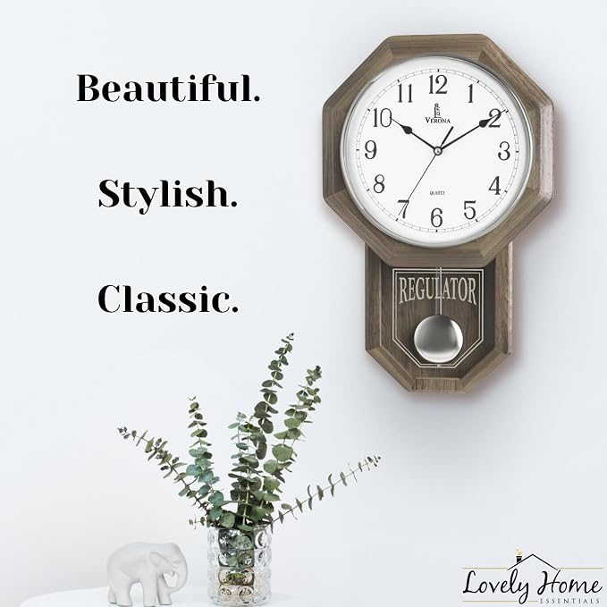 Pendulum Wall Clock - Real Wood Regulator Clock - Rustic, Farmhouse Schoolhouse Design - Quiet, Non-Chiming, Wooden & Battery Operated - Decorative Grey Ash Decor for Living Room, Home, Office 18x11