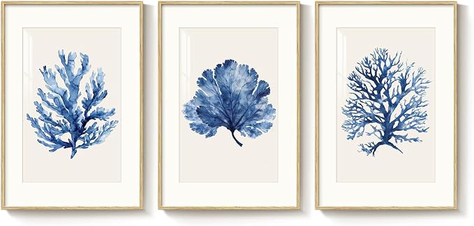 Large Framed Blue Coastal Coral Wall Art for Living Room, 3 Piece Nautical Ocean Pictures Artwork for Walls, Beach Modern Minimalist Watercolor Prints for Bedroom Dining Room Wall Decor, 24x36 Inch