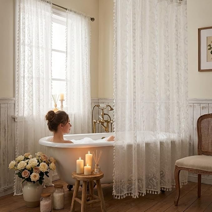 WAZZIO Boho Lace Curtains 2 Panels 72 Inches -Cute Vintage Victorian Sheer Panel Drape French Country Floral Pattern & Tassel Light Filtering Privacy for Bedroom Dining Living Room,White,W52x L72