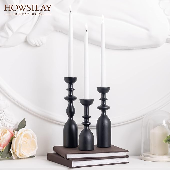 HOWSILAY Wood Candle Holders for Table Centerpiece Black Candlestick Holders - Rustic Candle Stick Candle Holder fits 3/4" or 7/8" Taper Candle and Dia 1.5" Led Tea Lights Candles or Pillar Candles | Solid Handcrafted Wood, 3 Assorted Heights, Fits Tap...