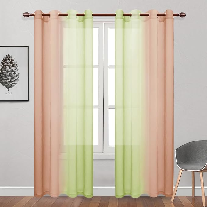 DWCN Ombre Sheer Curtains - Faux Linen Semi Voile Grommet Top Gradient Curtains for Bedroom and Living Room, Set of 2 Window Curtain Panels, 52 x 84 Inch Length(Sage Green and Pink