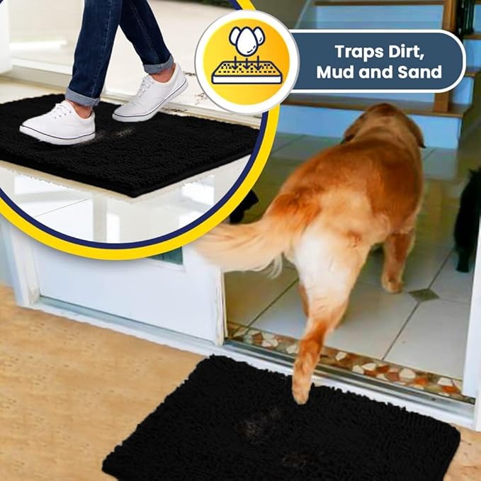 Muddy Mat® | Super Water Absorbent Door Mat Indoor, Microfiber Quick Dry Chenille Entryway Rug, Slip Resistant Front Door Mat, Indoor Mats for Entryway, Machine Washable Pet Rug, Black 32" x 40"