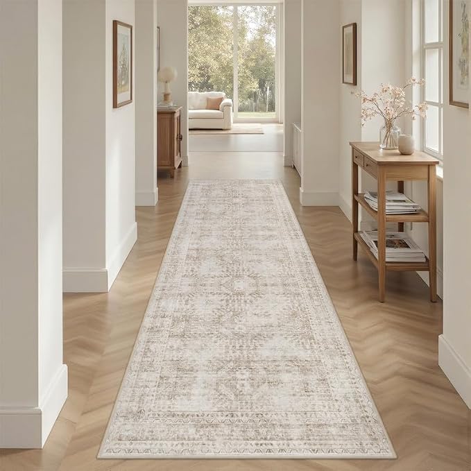 2'6''x8' Hallway Washable Runner Rug: Vintage Boho Neutral Kitchen Rug Soft Small Area Rug Indoor Floor Non-Slip Low Pile Carpet for Farmhouse Entryway Laundry Bathroom Bedroom Beside Rugs Brown