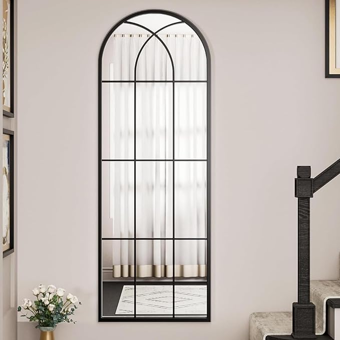 Dewfig 65"x 22" Arched Window pane Full Length Mirror, Wall Mirror, Floor Standing Mirrors, Farmhouse Long Full Body Mirrors Wall Mounted for Living Room, Bedroom, Entryway, Fireplace, Black