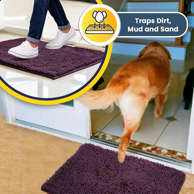 Muddy Mat® | Super Water Absorbent Door Mat Indoor, Microfiber Quick Dry Chenille Entryway Rug,Slip Resistant Front Door Mat,Indoor Mats for Entryway,Machine Washable Pet Rug, Dark Purple 36" x 120"