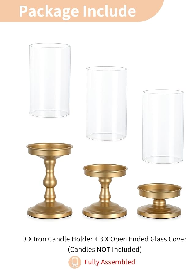 NUPTIO Hurricane Glass Candle Holders: Gold Pillar Candle Stand with Open Ended Chimney - Set of 3 Metal Candleholder for Fireplace Dining Table Centerpiece