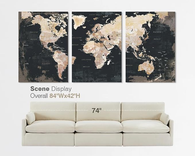 Black Wall Decor for Mens Bedroom Office Living Room World Maps for Wall | Canvas Art Paintings with Frame Vintage Pictures Inspirational Artwork for Conference Room