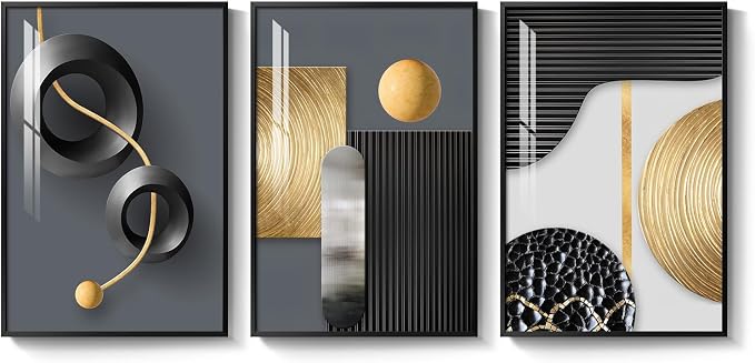 Framed Modern Elegant Wall Art for Living Room, 3 Piece Contemporary Luxury Prints Paintings, Black and Gold Abstract Geometric Pictures for Bedroom Dining Room Hallway Entryway Home Office Wall Decor 16x24 In