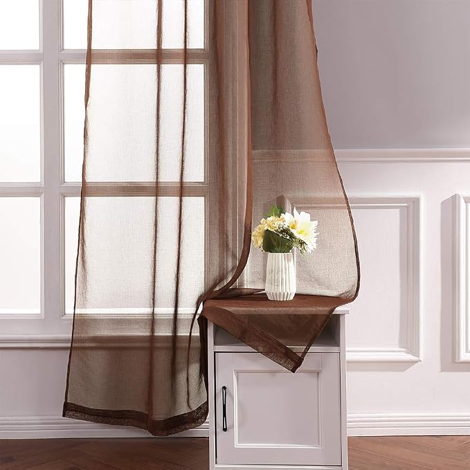 MIULEE 2 Panels Chocolate Brown Sheer Window Curtains Elegant Grommet Top Window Voile Drapes/Treatment Linen Textured Panels for Bedroom Living Room (54X84 Inches Dark Brown)