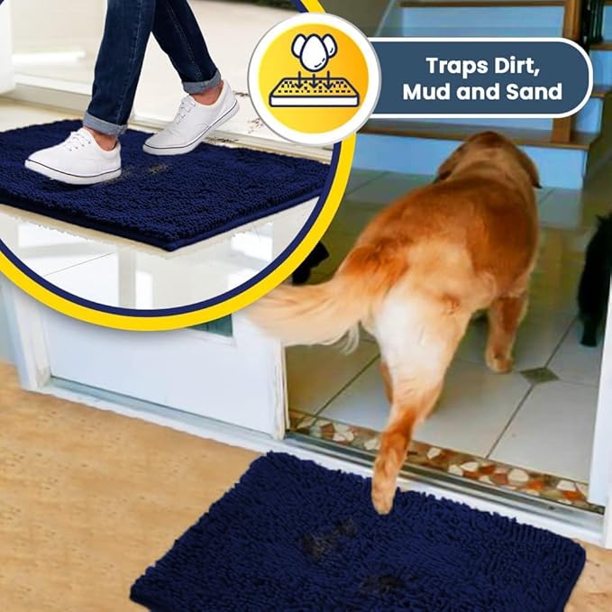 Muddy Mat® | Super Water Absorbent Door Mat Indoor, Microfiber Quick Dry Chenille Entryway Rug, Slip Resistant Front Door Mat, Indoor Mats for Entryway, Machine Washable Pet Rug, Navy Blue 36"x120"