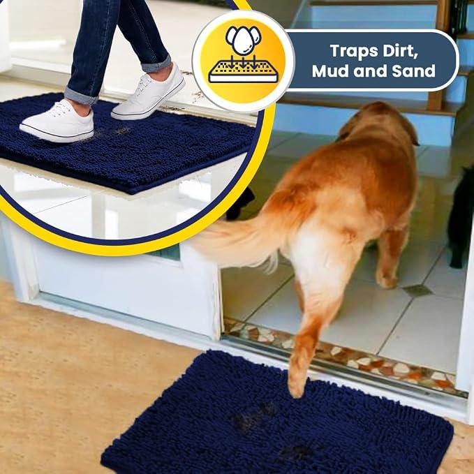 Muddy Mat® | Super Water Absorbent Door Mat Indoor, Microfiber Quick Dry Chenille Entryway Rug, Slip Resistant Front Door Mat, Indoor Mats for Entryway, Machine Washable Pet Rug, Navy Blue 3ft x 8ft