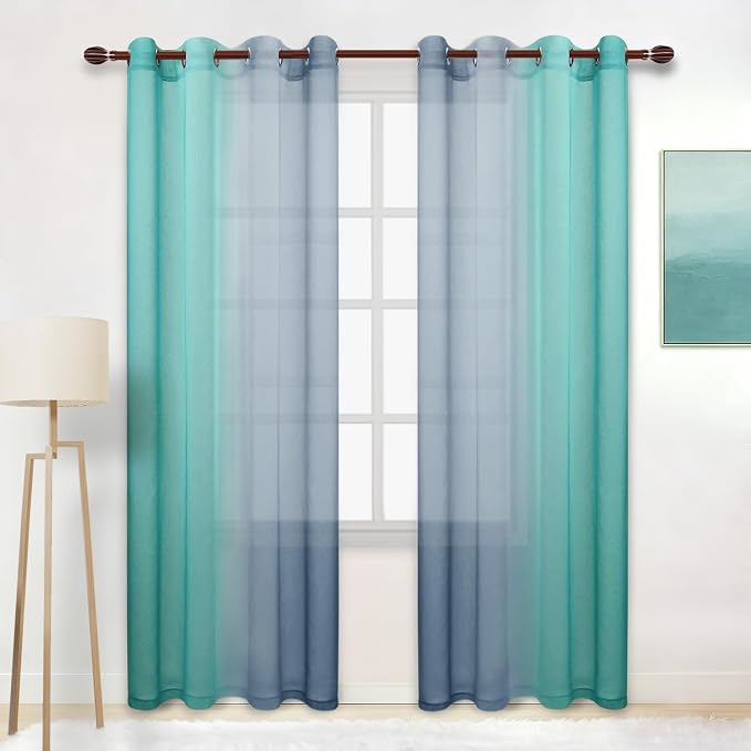 DWCN Ombre Sheer Curtains - Faux Linen Semi Voile Grommet Top Gradient Curtains for Bedroom and Living Room, Set of 2 Window Curtain Panels, 52 x 84 Inch Length(Denim Blue and Teal