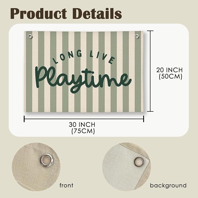 Playroom Decor, Long Live Playtime Wall Hanging Linen Banner, Green Striped Wall Flag for Play Room Decor, 20x30 Inch-Green
