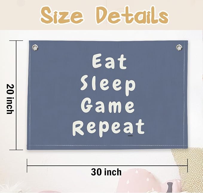 RTXLEZM Game Room Decor, Eat Sleep Game Repeat Canvas Banner | Preppy Navy Blue Gaming Wall Hanging for Kids Toddler Boys Nursery Room Bedroom Playroom Decor, 20x30 Inch