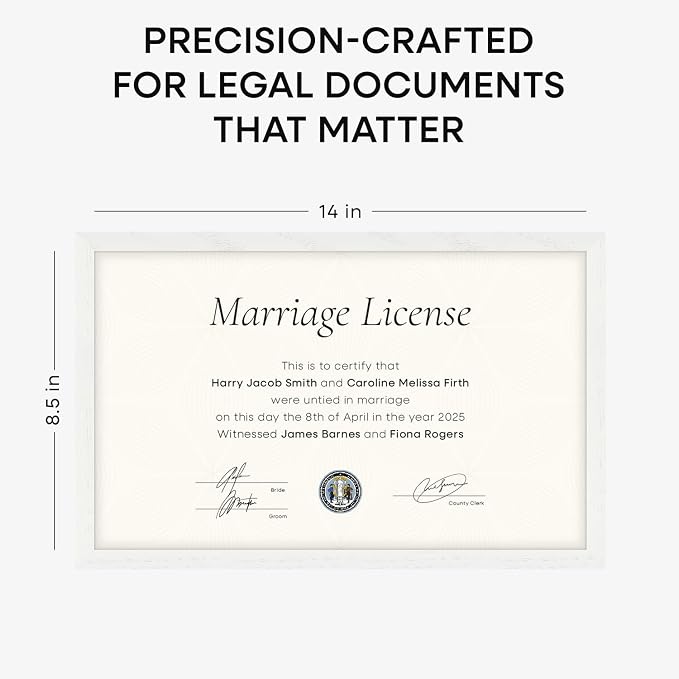 Homeforia 8.5x14 Marriage License Frame White, High End Oak 8.5x14 Certificate White Wood Frames, 8.5by14 Wooden Frame for Wall & Tabletop, 8.5 by 14 Picture Frames, Tempered Glass, Wall Kit, Set of 2