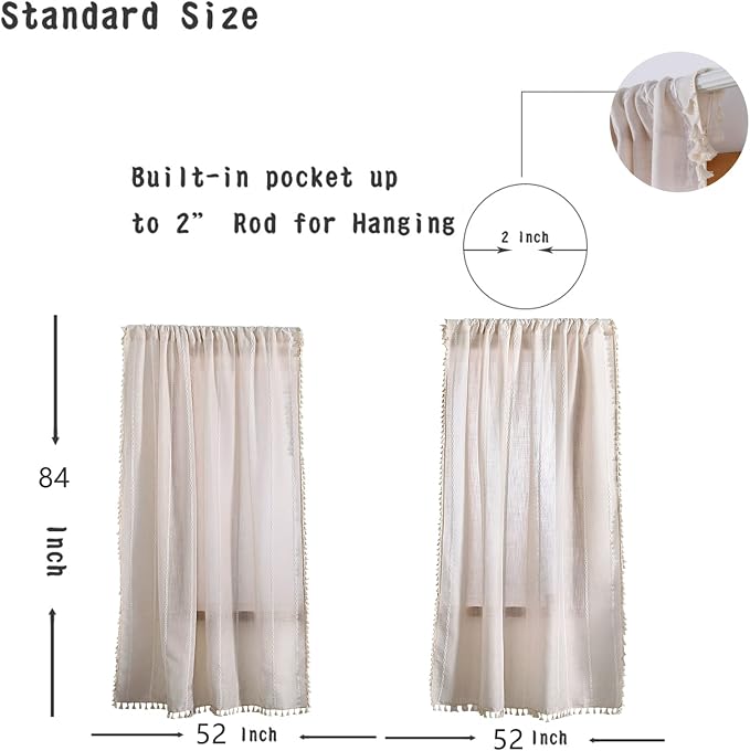 RoomTalks Boho Beige Curtains for Bedroom Living Room 96 Inch Length French Country Modern Farmhouse Cotton Window Curtain Panels Embroidery Striped Bohemian Tassel Draperies, 96’’L x 52’’W