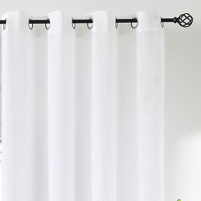 Purainbow Chiffon Sheer White Curtains for Living Room, Grommet Special Crinkle Semi Sheer Solid White Window Treatments Privacy with Light for Bedroom Kids Room Decor, All Season, 52"x63"x2