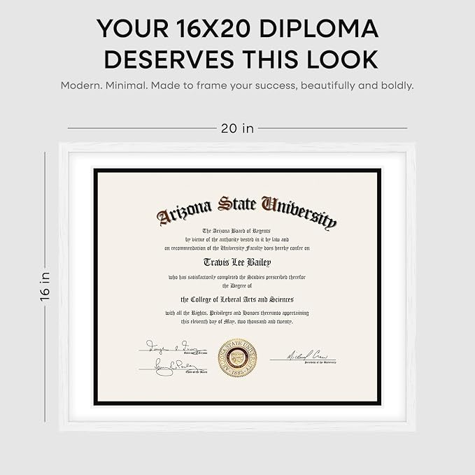 Homeforia 16x20 Diploma White Frame, High End Oak 16 x 20 Certificate Wood Frames with Mat 14 by 17 inch, 20x16 Document Frame Matted to 14x17, Wooden Degree Frames, Tempered Glass, Wall Kit, Set of 2