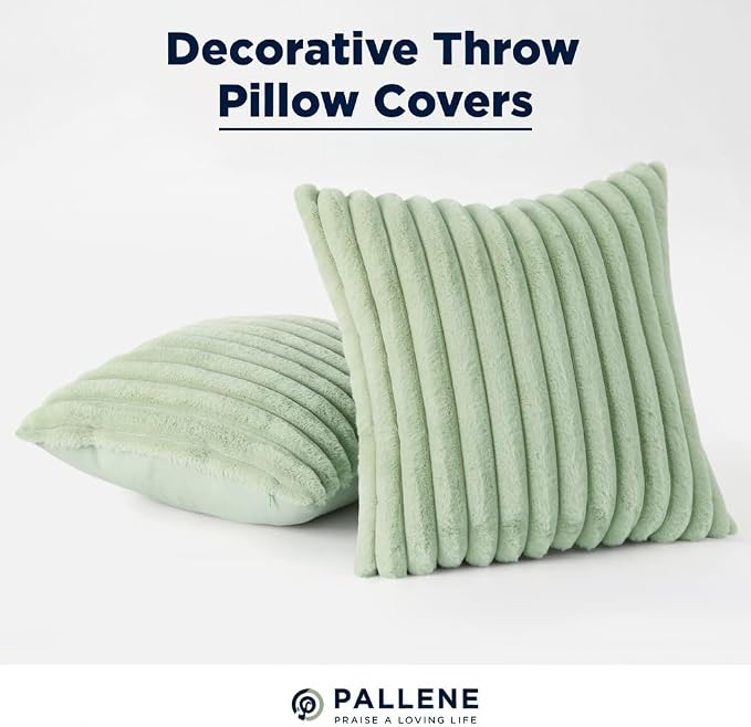 Pallene Faux Fur Plush Throw Pillow Covers 16x16 Set of 2, Luxury Soft Fluffy Striped Decorative Pillow Covers for Sofa, Couch, Living Room, Sage Green