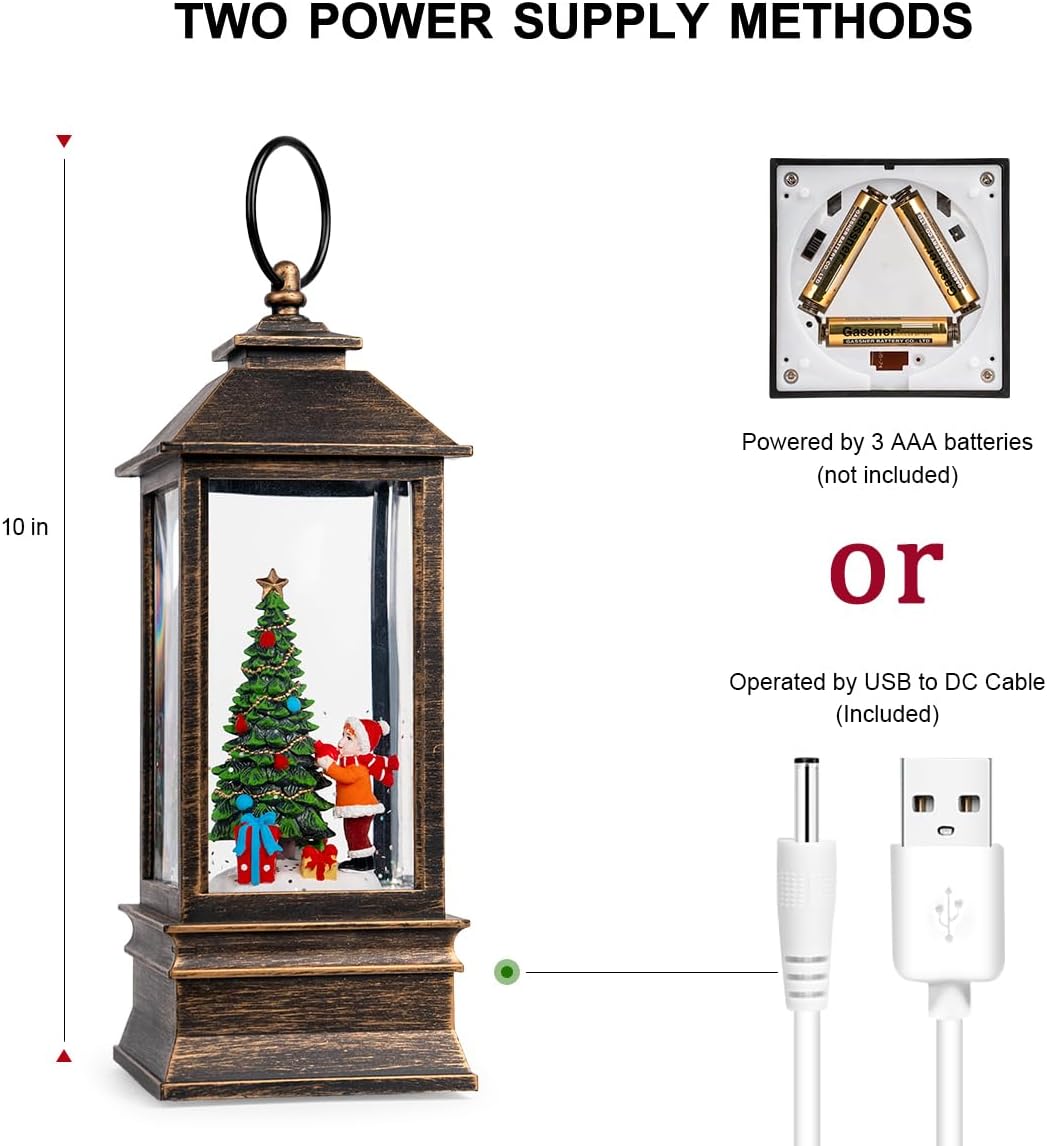 10'' Snow Globe Christmas, Musical Lighted Water Lantern with Swirling Glitter Decoration for Christmas Home, Living Room, Battery Operated or USB Powered (Christmas Tree)