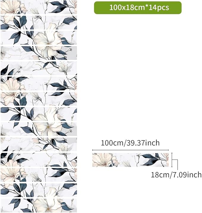 REDAMANCY Abstract White Marble Floral Dark Navy Leaf Vintage Peel and Stick Vinyl Stair Riser Decals Staircase Tile Stickers Decor Modern Marble Decoration Self-Adhesive(14 Pcs)
