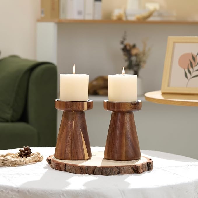 Acacia Wood Candle Holders for Pillar Candles, Vintage Rustic Tall Modern Farmhouse Decor, Decorative Wooden Candlestick Stand for Fireplace Mantel, Table Centerpiece