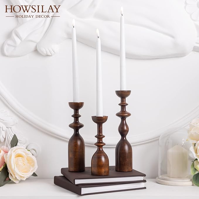 HOWSILAY Wood Candle Holders Set of 3, Fits Taper & Pillar Candles Brown | Solid Wood, 3 Assorted Heights, Farmhouse Table Centerpiece, Fits Taper LED Tea Pillar Candles, Non-Slip Base, Gift Box