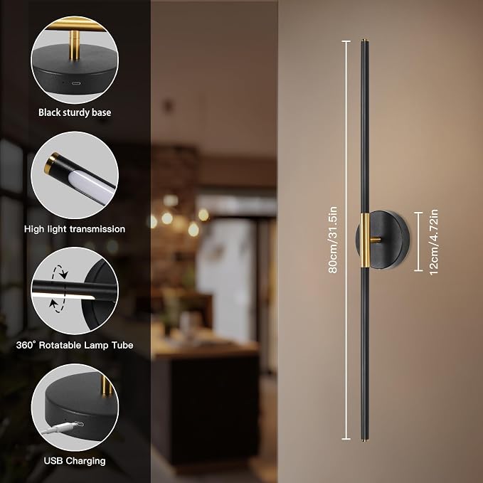 Battery Operated Wall Sconces Set of Two 360° Rotate Wireless Rechargeable Light Dimmable with Remote - Black Gold Modern Sconces Cordless Wall Decor for Home Bedroom Timer 31.5 Inch