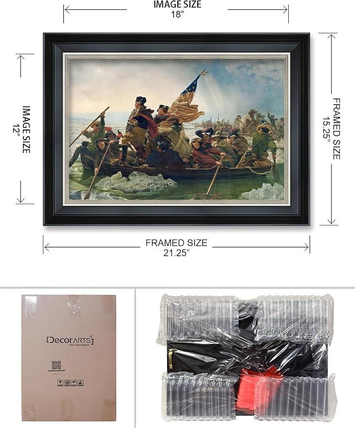 DECORARTS - Washington Crossing the Delaware by Emanuel Leutze. Giclee Prints on Canvas. Fine Art Reproduction with Framed Wall Art. Perfect for Wall Decor. Total Size w/Frame: 21.25x15.25
