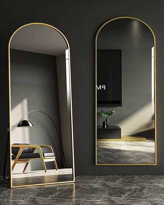 DYNWELL Arched Full Length Mirror, Floor Mirror with Stand, 30"x71" Large Mirror, Wall Mirror Full Length, Black Floor Length Mirror, Body Floor Mirror, Wall Mounted Mirror for Bedroom, Gold