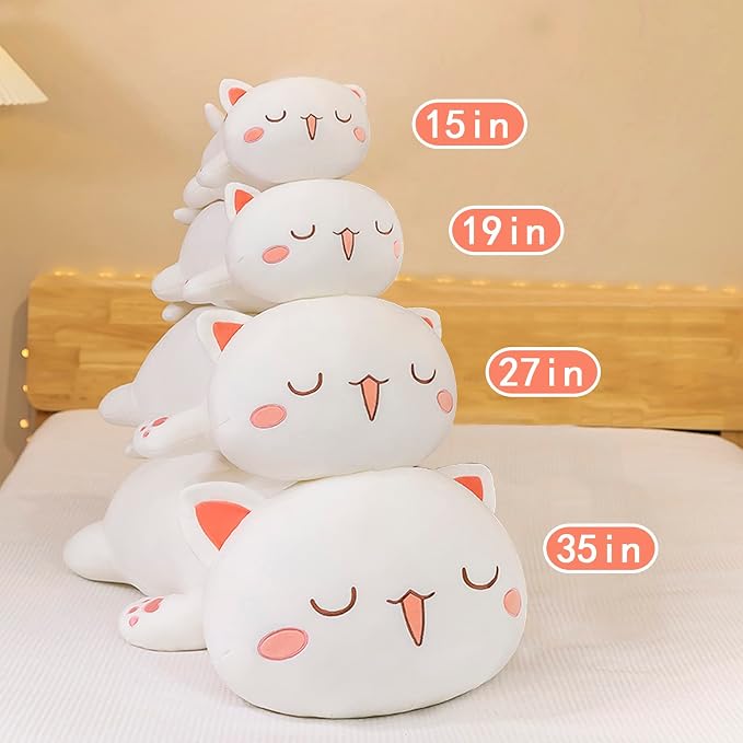 FUYU Cat Stuffed Animals, Soft Cat Plush Pillow Kawaii Kitten Stuffed Animal Toy Gifts for Kids Boys Girls Room Decor (White Squinted Eyes,27in/67cm)