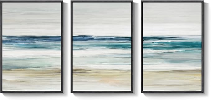 Framed Abstract Coastal Wall Art for Living Room, 3 Piece Blue Beach Landscape Canvas Artwork for Walls, Large Minimalist Ocean Seascape Painting Prints for Bedroom Hallway Wall Art Decor, 20x30 Inch