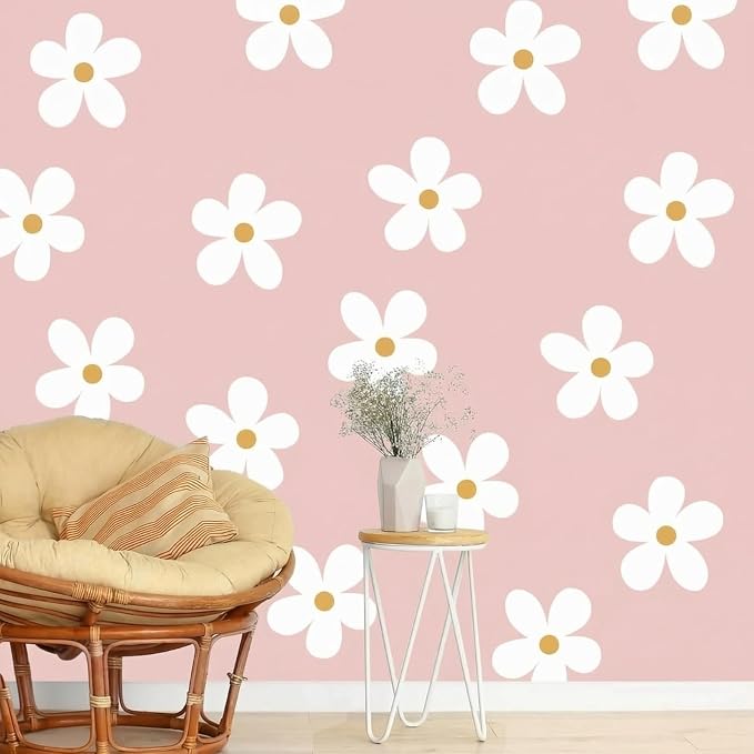 TaoBary 12 Sheet Daisy Wall Sticker Decal Removable Cute Daisy Bedroom Room Decor Flower Wall Sticker Pink White Flower Decal Wallpaper Peel and Stick for Nursery Home(White, Yellow,Charming Style)