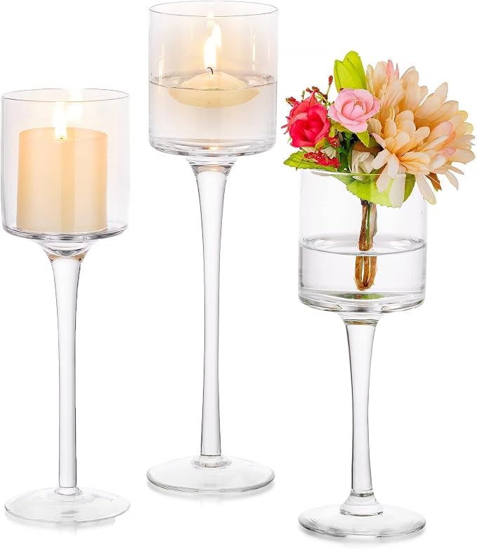 Tall Glass Candle Holder: Long Stem Floating Candle Holders for Tealight Votive and Pillar Large Clear Centerpieces for Wedding Table Party Home Set of 3