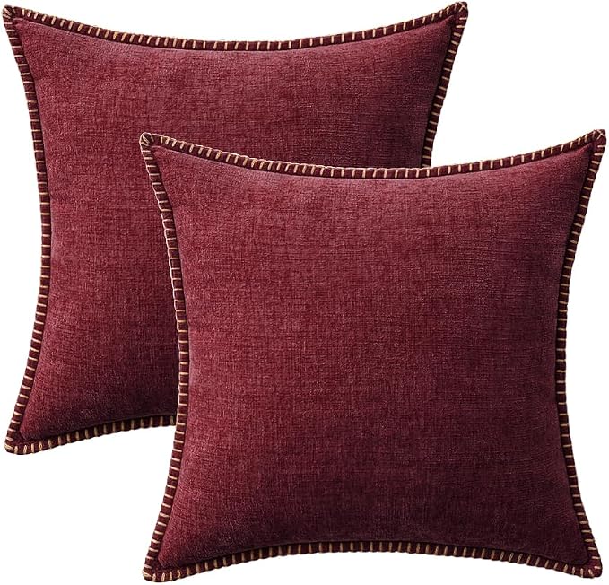 MIULEE Pack of 2 Pillow Covers 18x18 Inch Burgundy Red Farmhouse Decorative Throw Pillow Covers with Stitched Edge Soft Chenille Solid Dyed Couch Pillow Covers for Sofa Bed Living Room