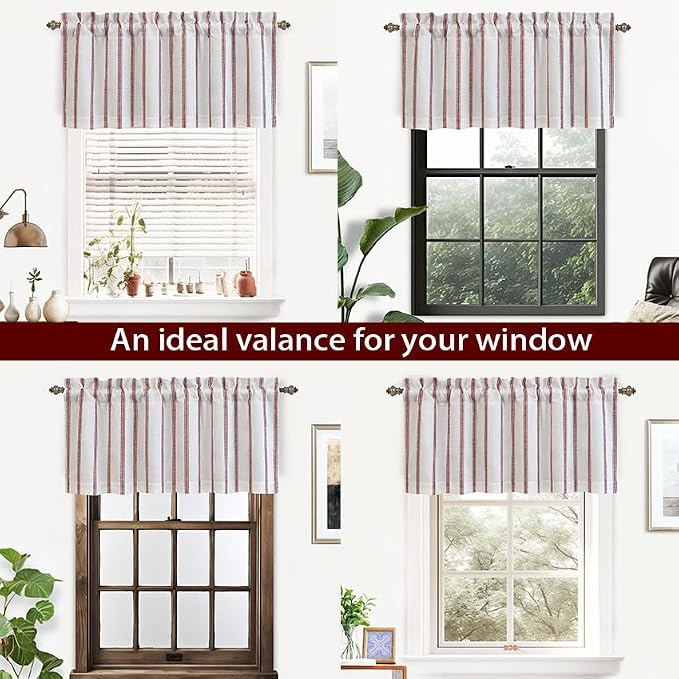 DriftAway Farmhouse Linen Lined Valance Double Layer Thermal Insulated Room Darkening Blackout Window Valances 3 Inch Rod Pocket Vertical Striped Kitchen Valance for Bathroom Single 52 x 24 Inch Red