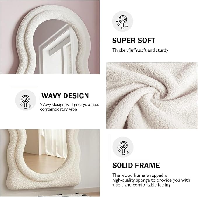 Dewfig Full Length Mirror, 63" x 24"Irregular Wavy Mirror, Large Floor Length Mirrors Wall Mounted, Standing Wavy Mirrors with Teddy Velvet Wrapped Wooden Frame for Bedroom/Living Room, White