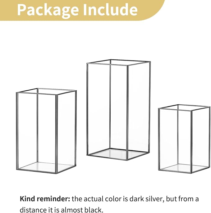 Nuptio Glass Hurricane Candle Holder for Pillar Candles 3 Pcs Black Metal Candle Holders Large Rectangular Candleholder Vase Centerpieces Decoration for Halloween Christmas Party 9.5 & 8.1 & 6.5 inch | Large Rectangular Candleholder Vase Centerpieces D...