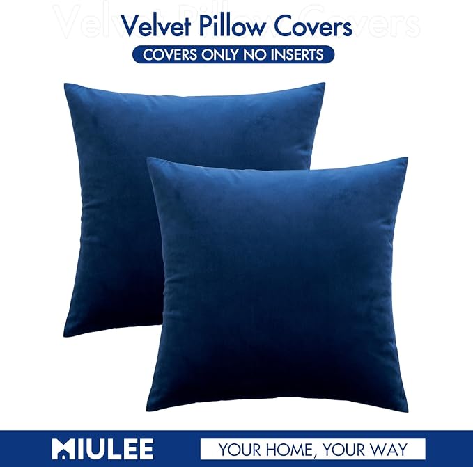 MIULEE Velvet Throw Pillow Covers 16x16 Inch, Pack of 2 - Dark Blue, Soft Solid Decorative Pillow Covers Farmhouse Modern Home Decor for Couch Sofa Bedroom Living Room