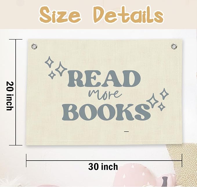 RTXLEZM Classroom Decor, Reading Corner Decor for Classroom, Read More Books Canvas Banner Wall Hanging, Trendy Retro Bookish Wall Art Prints for Library Classroom Reading Nook Corner Kids Room Decor, 20x30 Inch