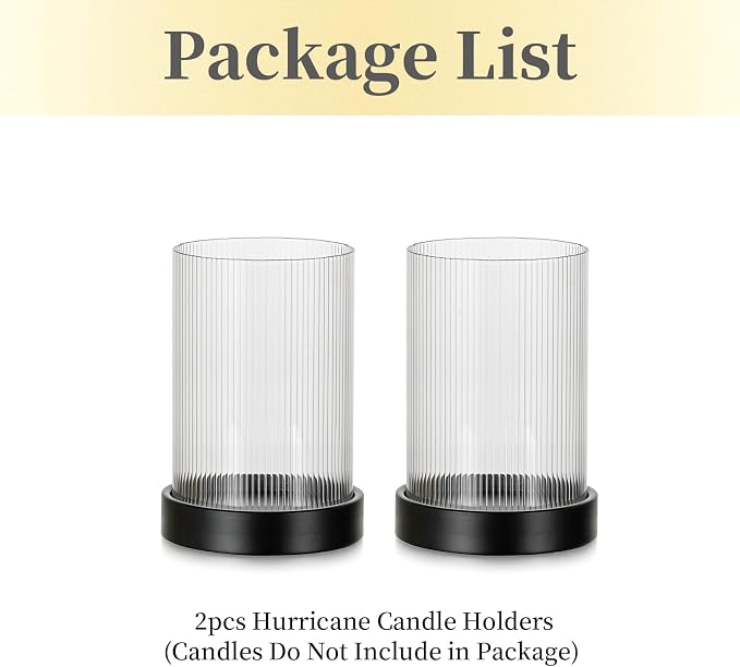 Hewory Ribbed Hurricane Candle Holder: Black Votive Candle Holders Set of 2, Glass Hurricane with Metal Candle Plate, Pillar Candle Holder for Table Centerpiece Christmas Wedding Holiday Home Decor